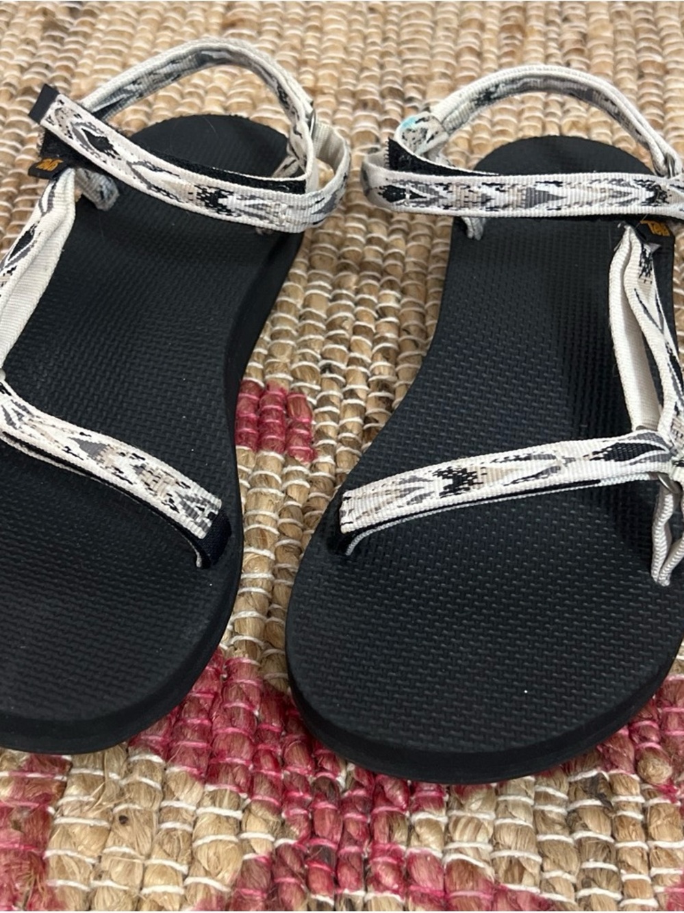 Black Footbed Sandals with White Patterned Straps - Women